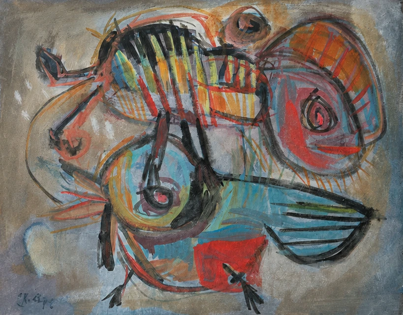 Karel Appel (1921-2006) Abstract figures. Mixed media on Cardboard