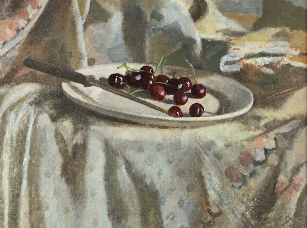 Josef SANTEN (1926-1988) Still life with cherries and knife. Oil on Canvas