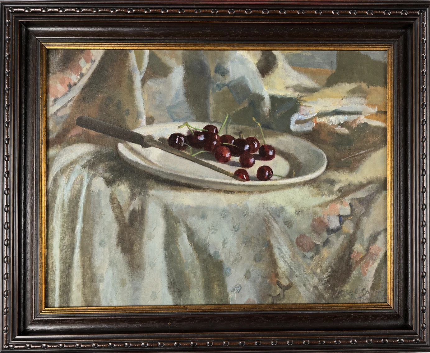 Josef SANTEN (1926-1988) Still life with cherries and knife. Oil on Canvas - Image 4
