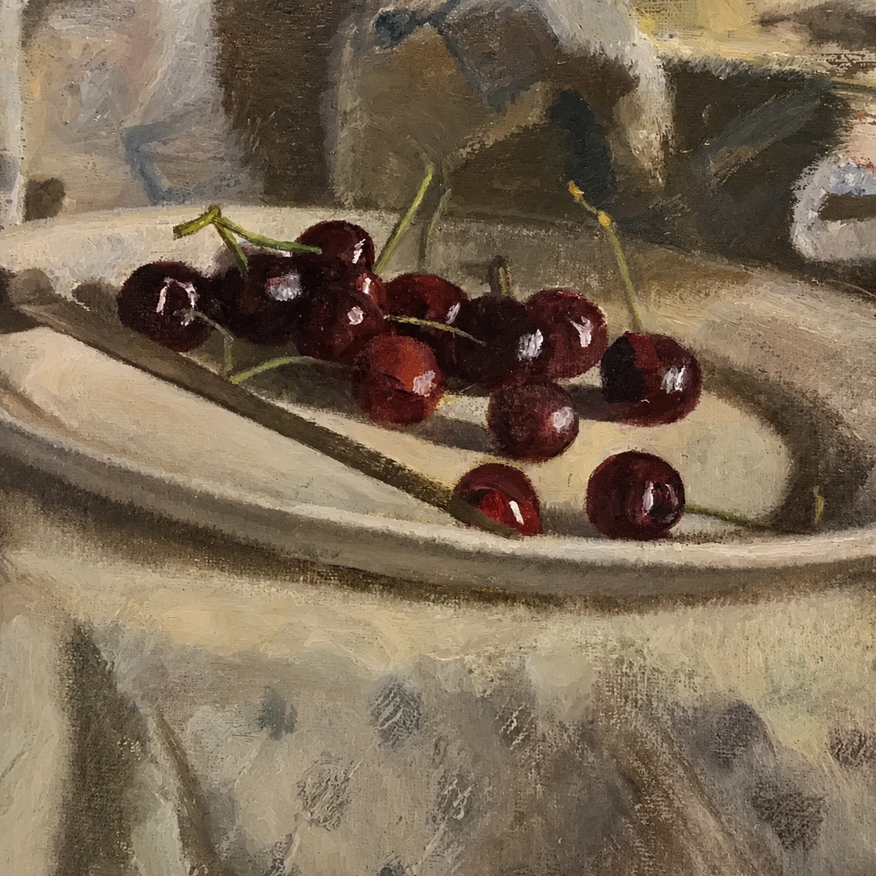 Josef SANTEN (1926-1988) Still life with cherries and knife. Oil on Canvas - Image 3