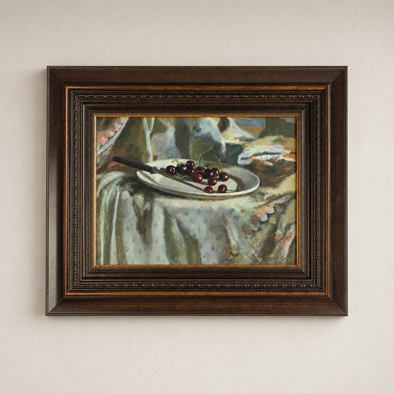 Josef SANTEN (1926-1988) Still life with cherries and knife. Oil on Canvas - Image 2