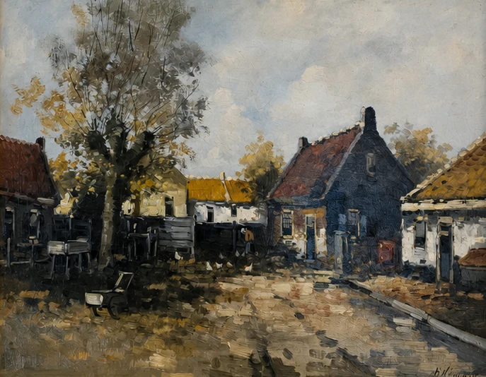 H. NOORDAM (1938) Farmyard with a paesant woman. Oil on Canvas