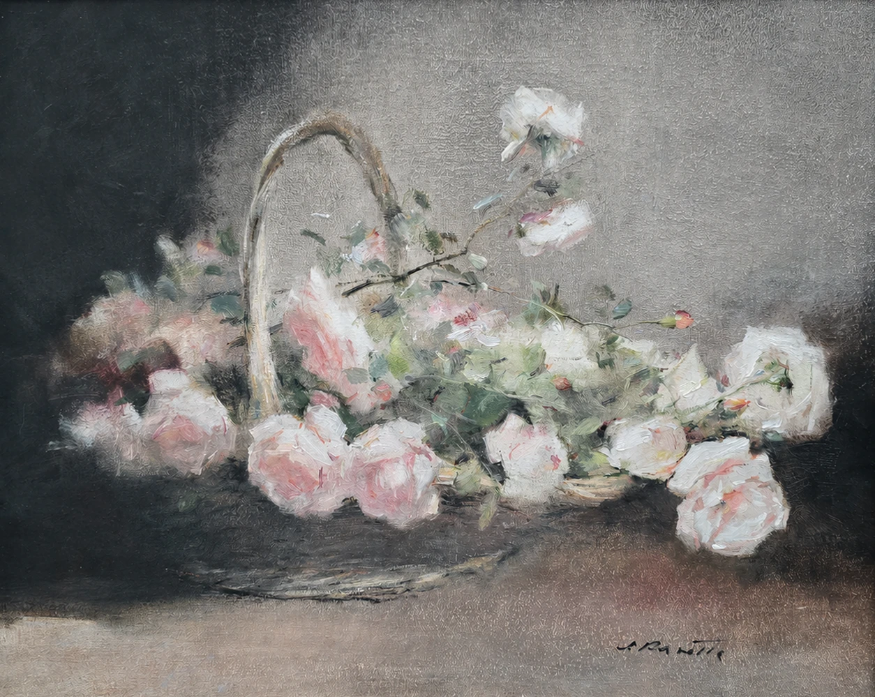 European School, circa 1940. Basket of Roses – Oil on Cardboard