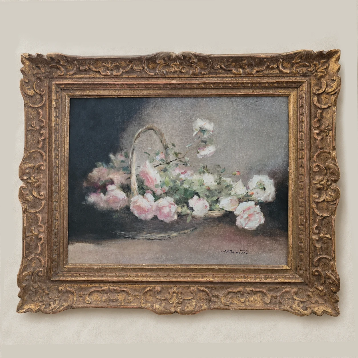 European School, circa 1940. Basket of Roses – Oil on Cardboard - Image 2