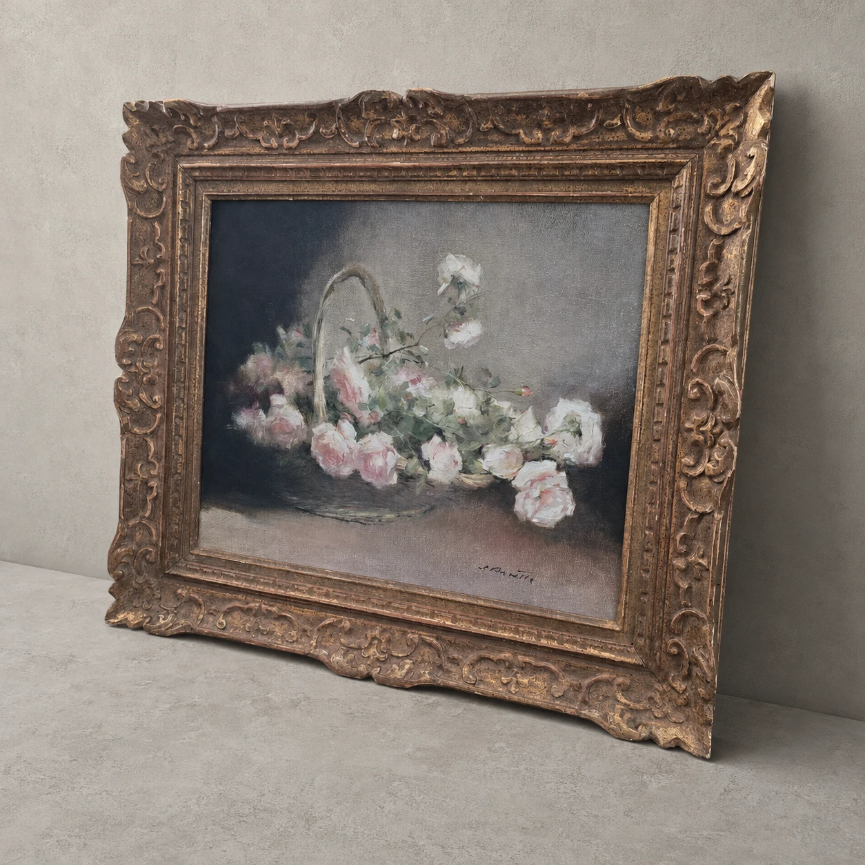 European School, circa 1940. Basket of Roses – Oil on Cardboard - Image 6