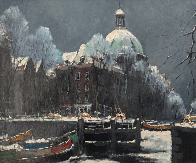 Antonius Henricus Koster (1913–1990). Dutch School, 20th Century. Winter on the Singel with the Koepelkerk, Amsterdam – Oil on Canvas