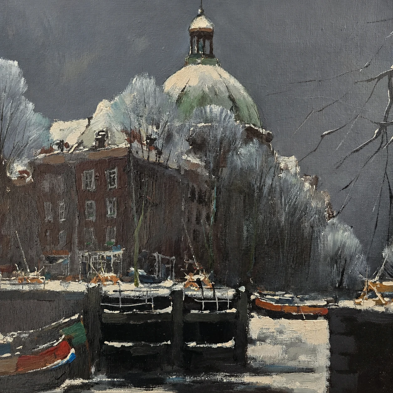 Antonius Henricus Koster (1913–1990). Dutch School, 20th Century. Winter on the Singel with the Koepelkerk, Amsterdam – Oil on Canvas - Image 4