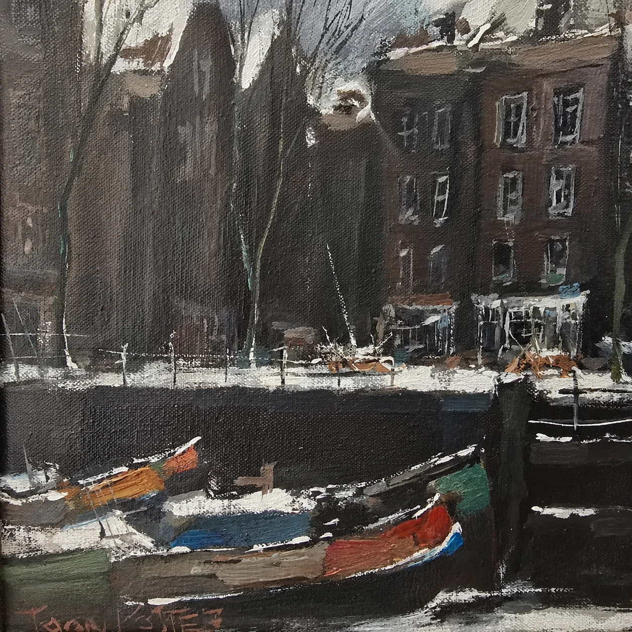 Antonius Henricus Koster (1913–1990). Dutch School, 20th Century. Winter on the Singel with the Koepelkerk, Amsterdam – Oil on Canvas - Image 5