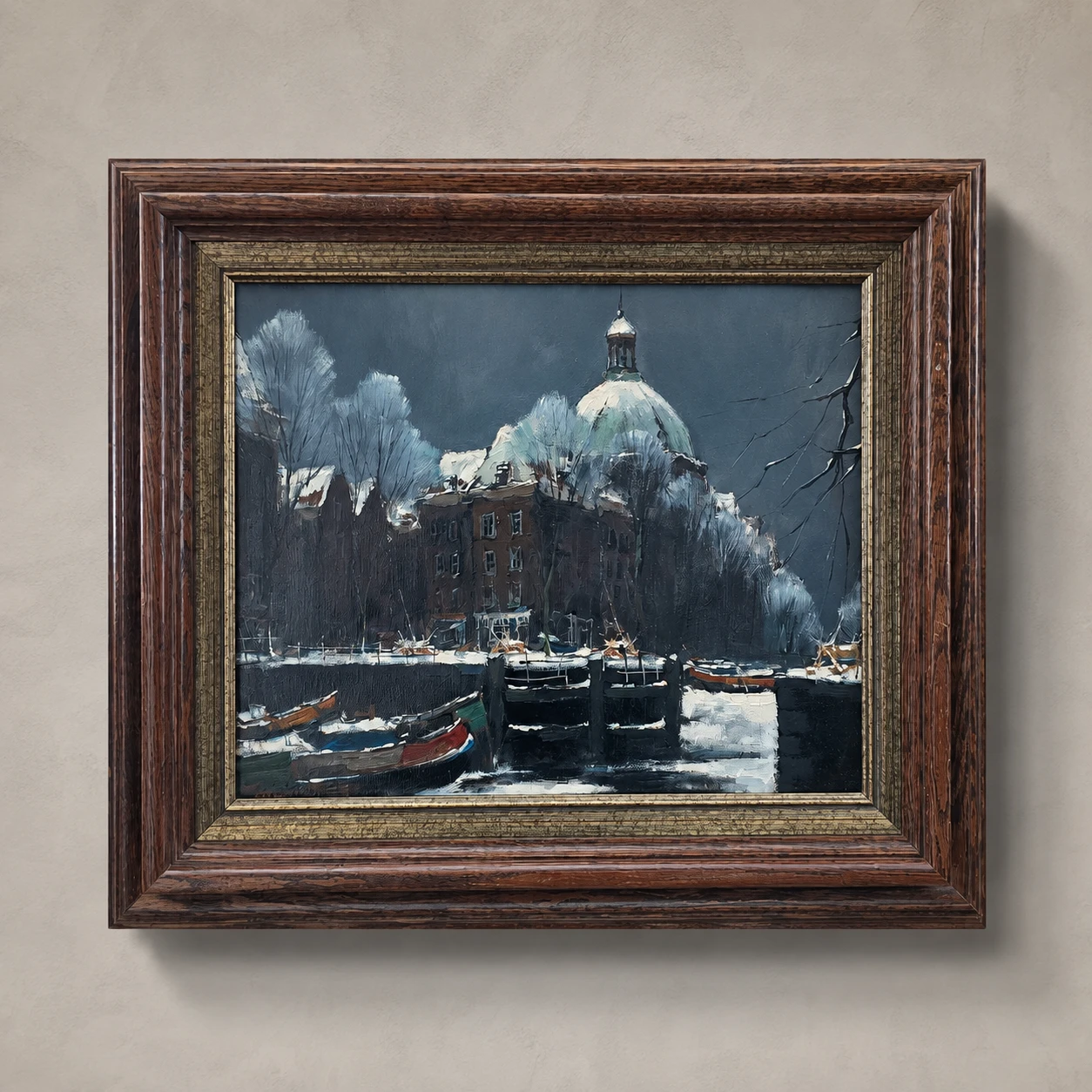Antonius Henricus Koster (1913–1990). Dutch School, 20th Century. Winter on the Singel with the Koepelkerk, Amsterdam – Oil on Canvas - Image 7