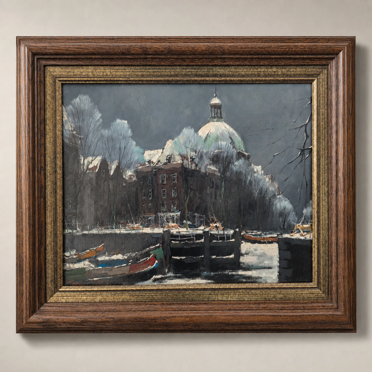 Antonius Henricus Koster (1913–1990). Dutch School, 20th Century. Winter on the Singel with the Koepelkerk, Amsterdam – Oil on Canvas - Image 8