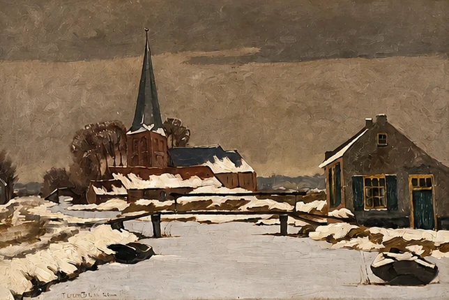 Frits ter Braake (1897–1977). Dutch Winter Village – Oil on Canvas