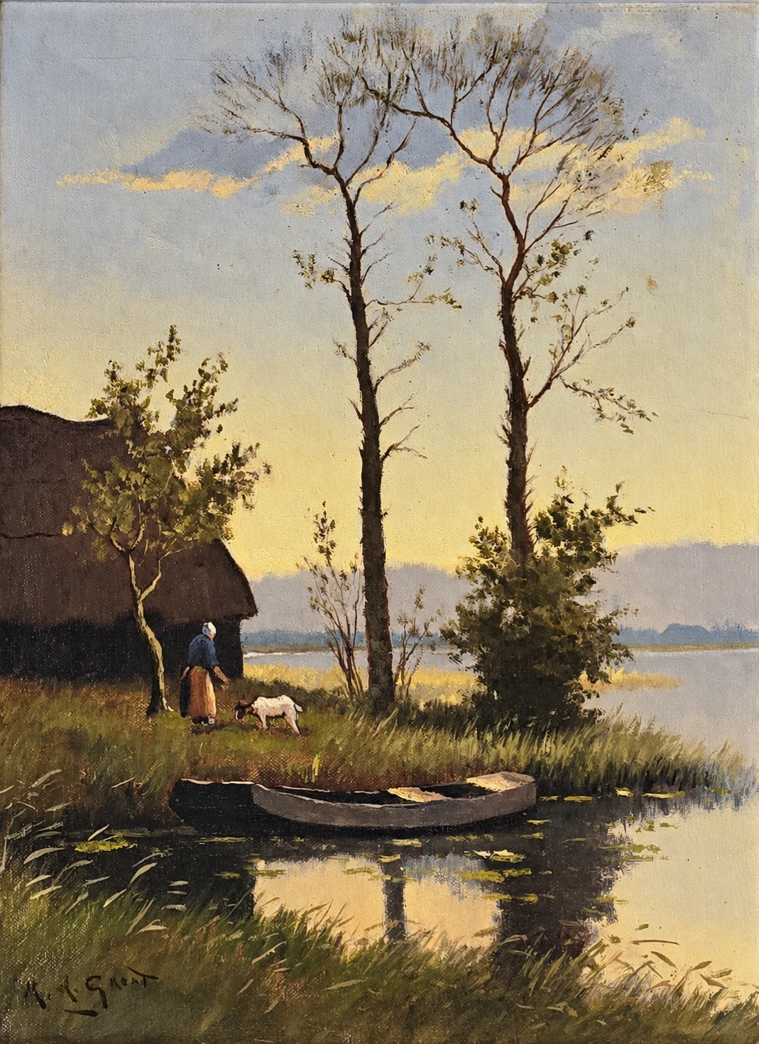Maurits de Groot (1880–1934). Dutch School, Early 20th Century. Rural Waterside Landscape - Oil on Canvas