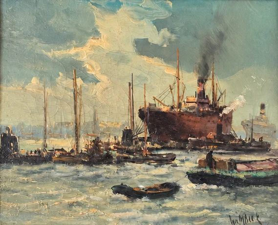 Jan M. Beek. Dutch School, late 19th - early 20th century. Harbour Scene - Oil on Canvas