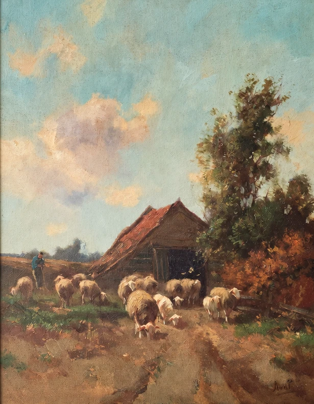 Arend van de Pol (1886 -1956). Dutch school Rural Landscape with Shepherd and Sheep - Oil on Canvas